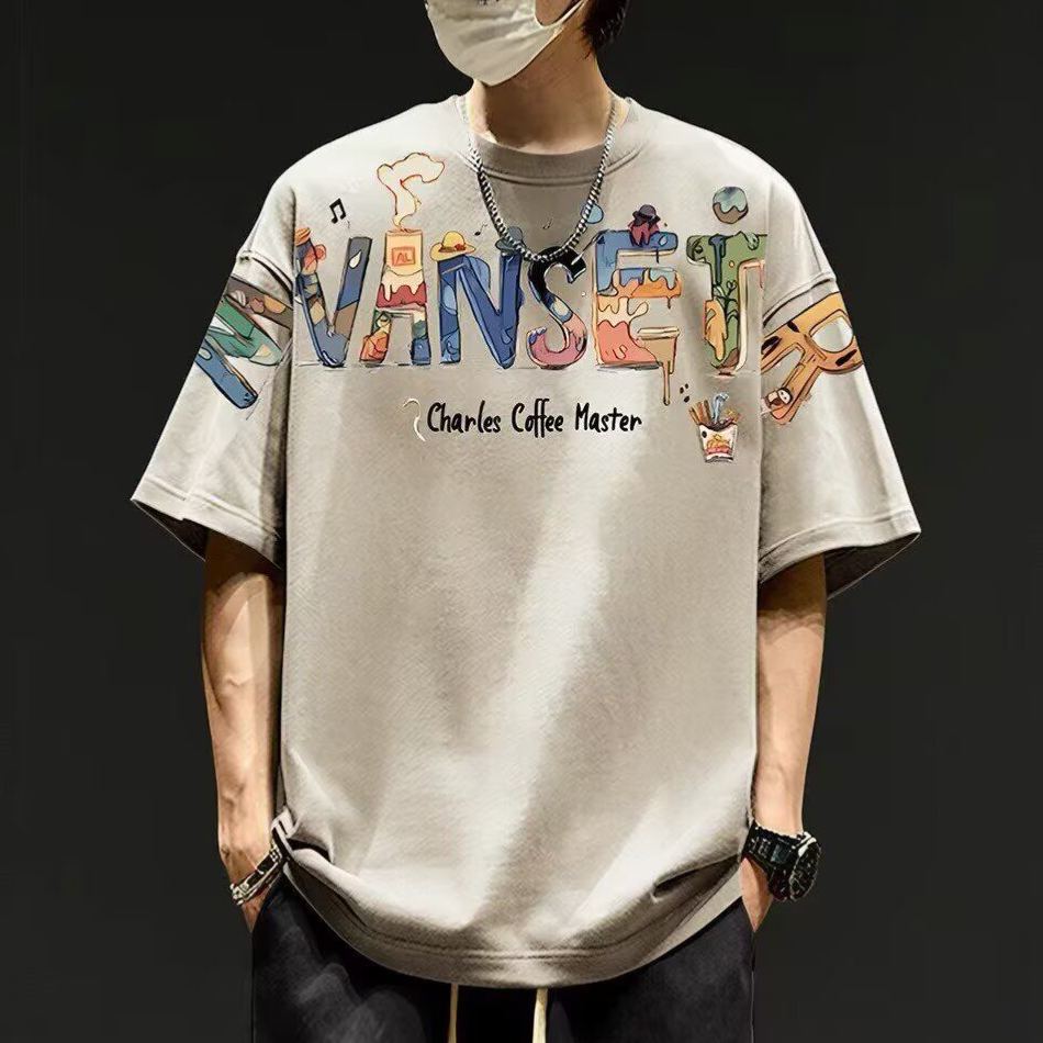 寬鬆情侶款設計手繪印花圓領短袖T恤