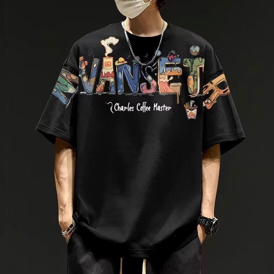 寬鬆情侶款設計手繪印花圓領短袖T恤