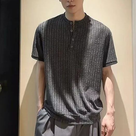 薄款老錢風休閒透氣亨利領短袖T恤