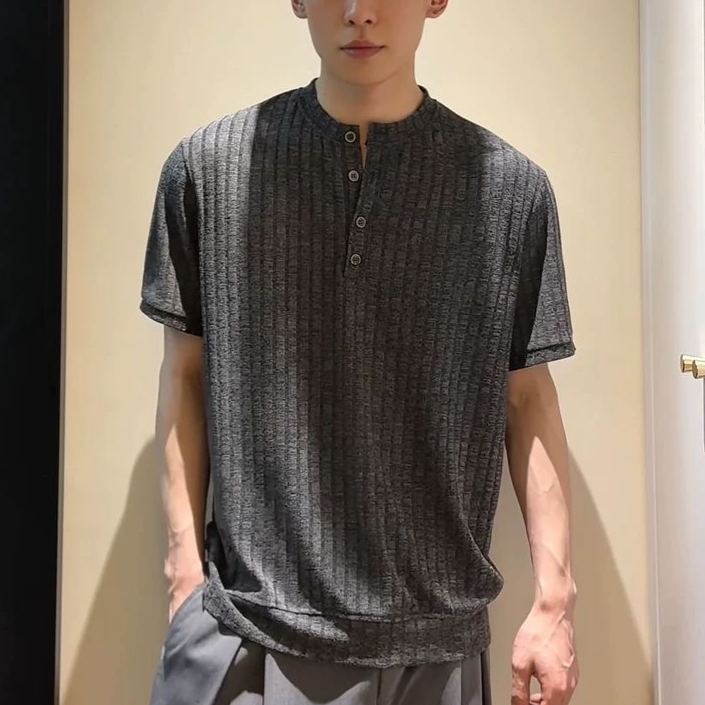 薄款老錢風休閒透氣亨利領短袖T恤