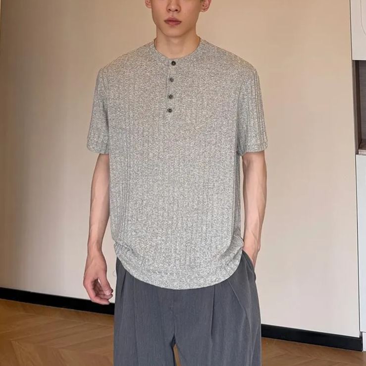 薄款老錢風休閒透氣亨利領短袖T恤