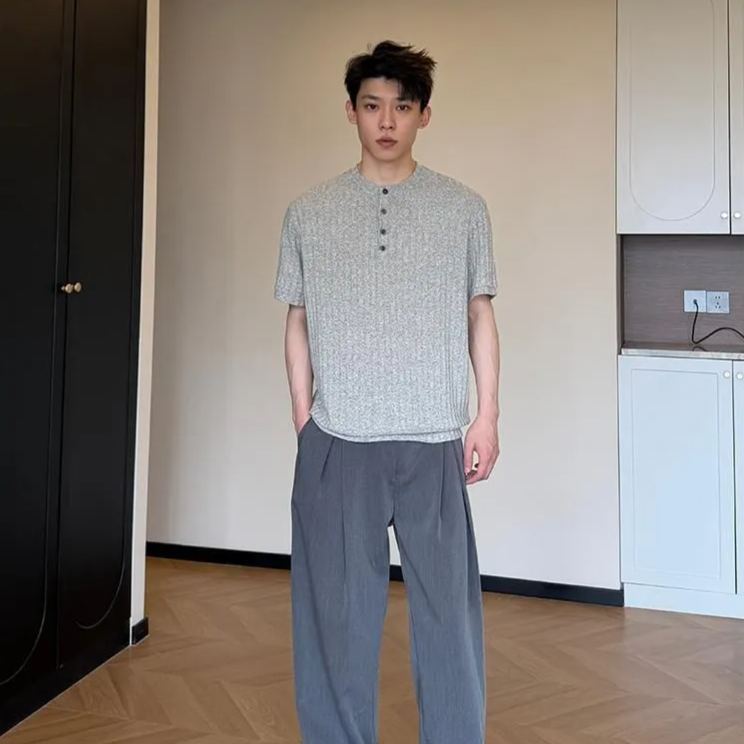 薄款老錢風休閒透氣亨利領短袖T恤