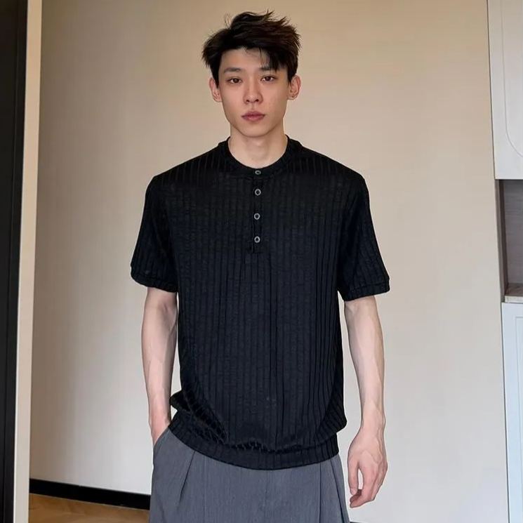 薄款老錢風休閒透氣亨利領短袖T恤