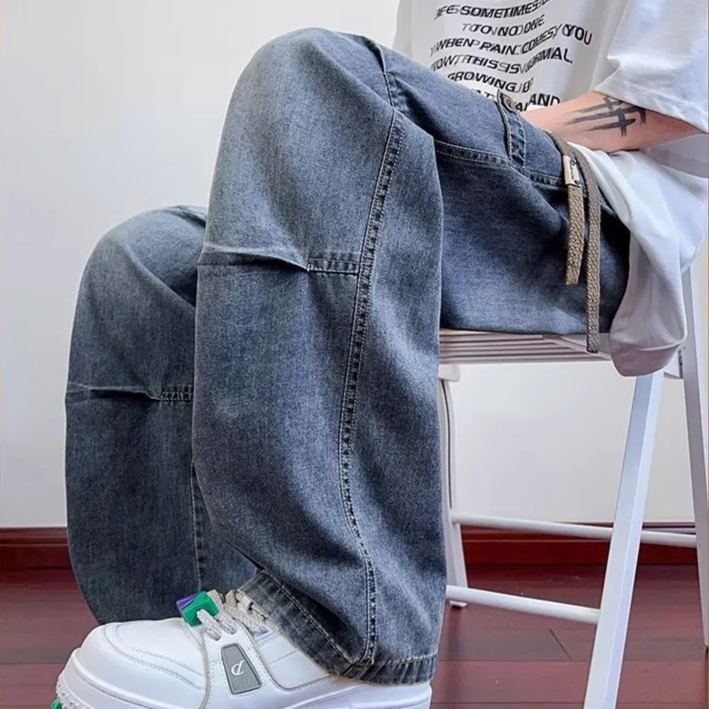 褶皺寬鬆直筒透氣休閒直筒工裝牛仔褲