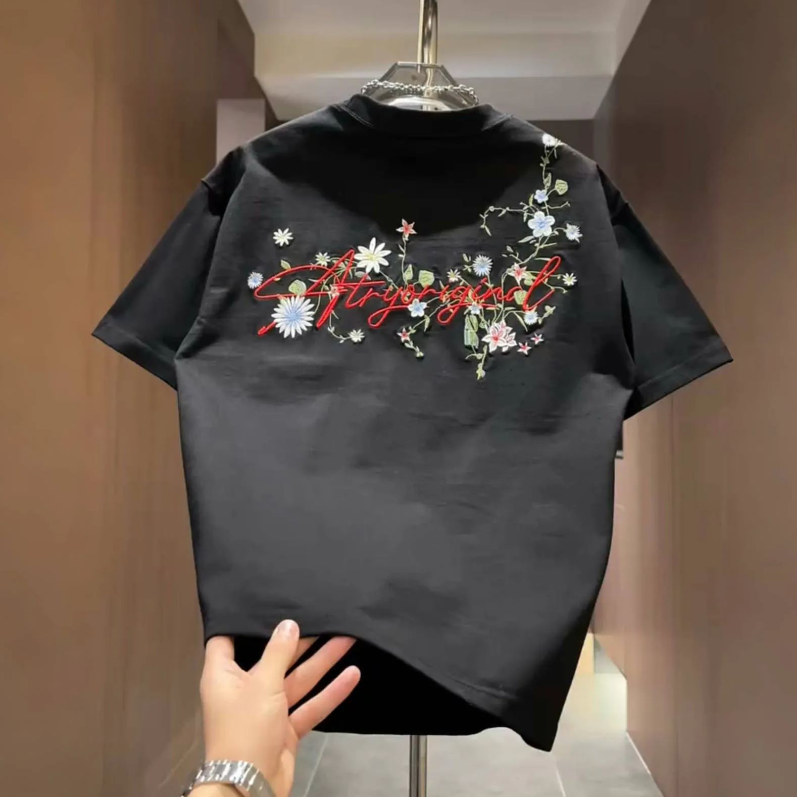 美式刺繡花卉情侶同款寬鬆短袖t恤