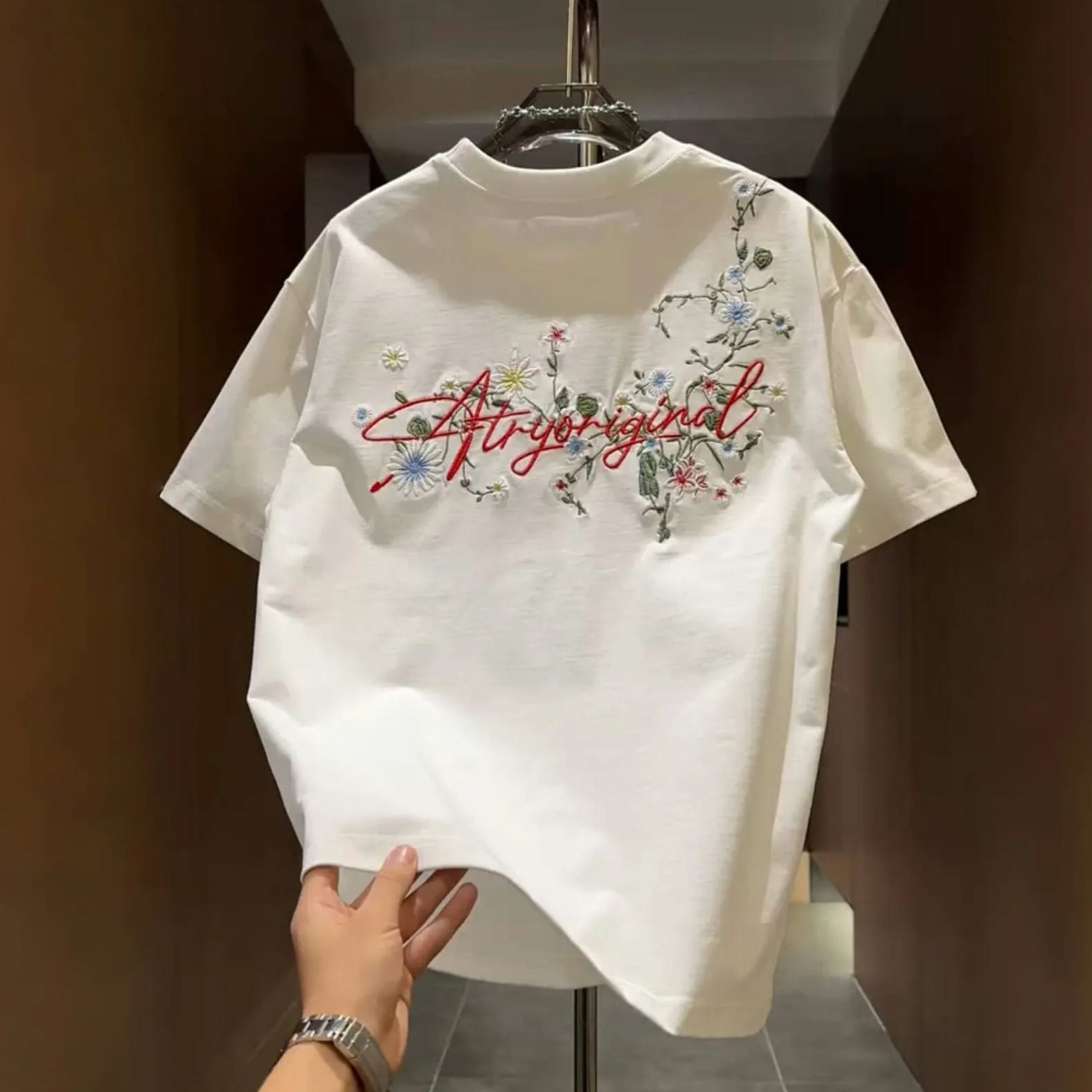 美式刺繡花卉情侶同款寬鬆短袖t恤