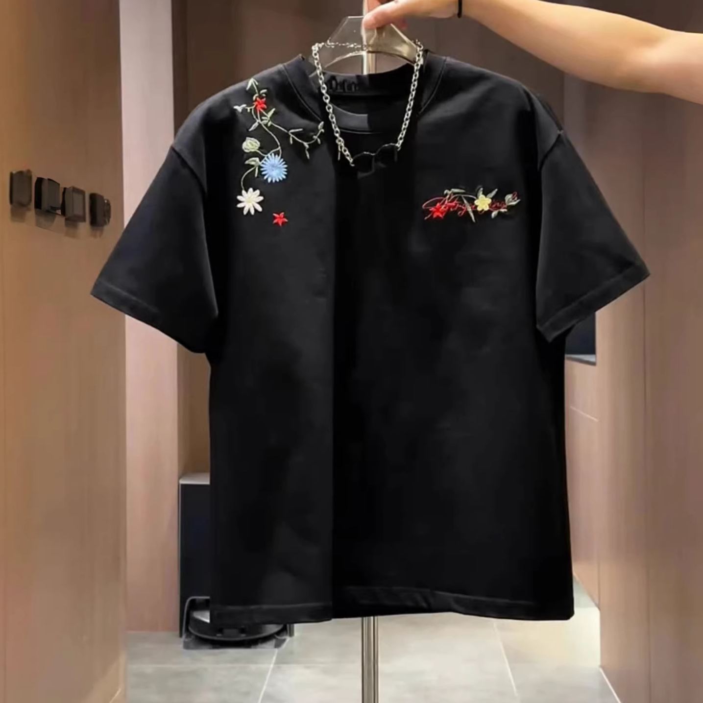 美式刺繡花卉情侶同款寬鬆短袖t恤