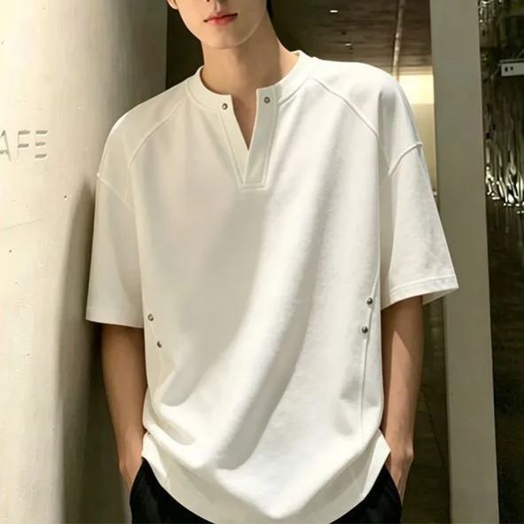 美式寬鬆重磅男女同款柳釘V領短袖T恤