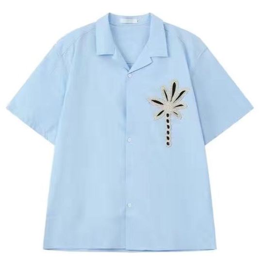 【單件/整套】休閒古巴領刺繡花朵短袖亞麻短褲兩件套