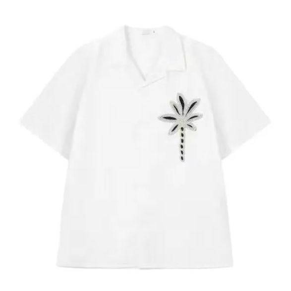 【單件/整套】休閒古巴領刺繡花朵短袖亞麻短褲兩件套