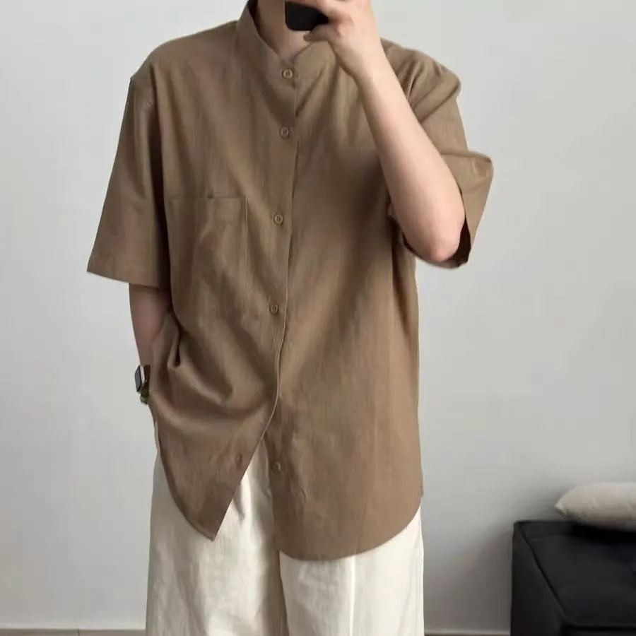 老錢風棉麻亨利領薄款褶皺肌理襯衫短袖