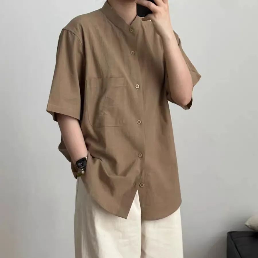 老錢風棉麻亨利領薄款褶皺肌理襯衫短袖
