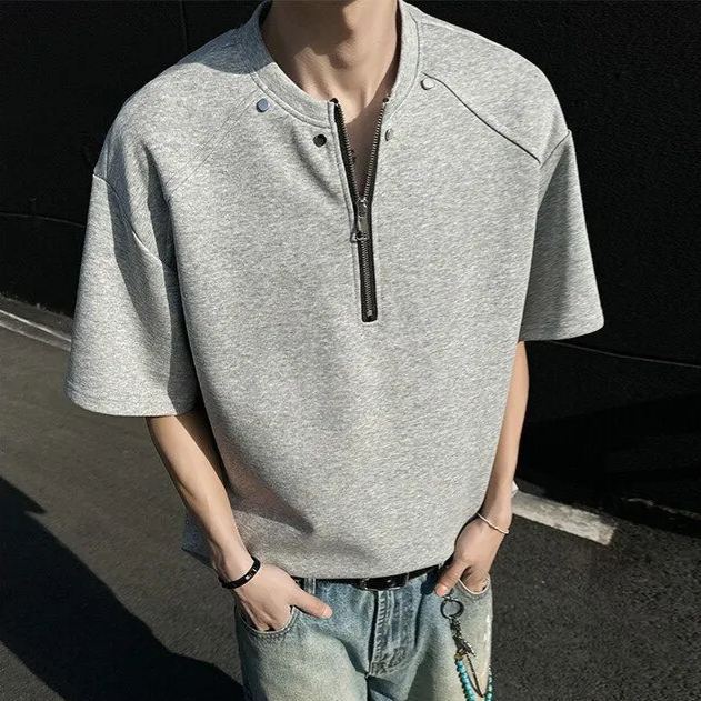 美式純棉重磅釘飾亨利拉鍊短袖T恤