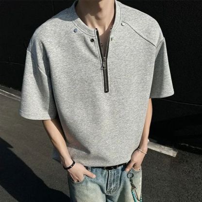 美式純棉重磅釘飾亨利拉鍊短袖T恤