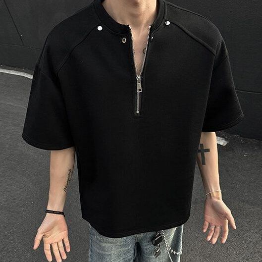 美式純棉重磅釘飾亨利拉鍊短袖T恤