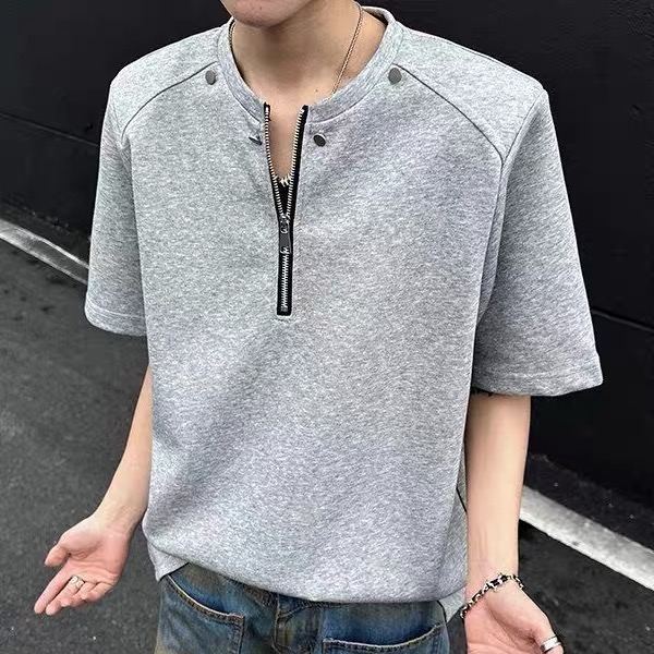 美式純棉重磅釘飾亨利拉鍊短袖T恤