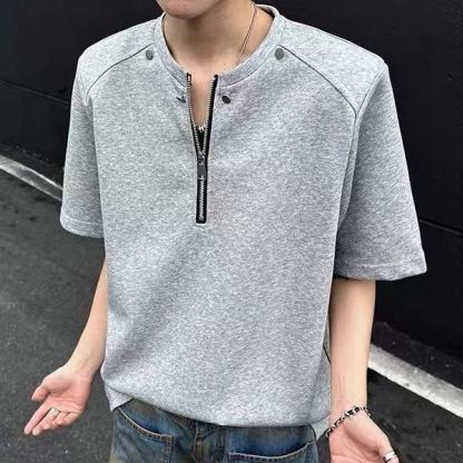 美式純棉重磅釘飾亨利拉鍊短袖T恤