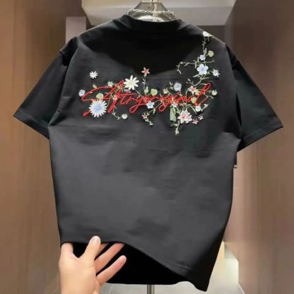 美式刺繡花卉情侶同款寬鬆短袖t恤