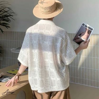 百搭鏤空寬鬆素色海邊度假休閒短袖襯衫