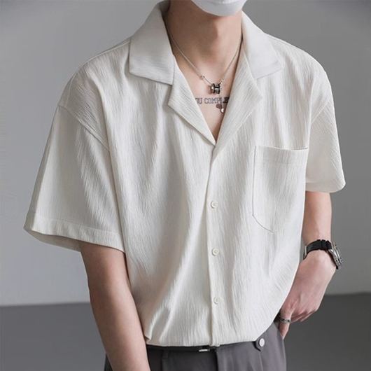 肌理設計古巴領冰絲潮流寬鬆薄款短袖襯衫