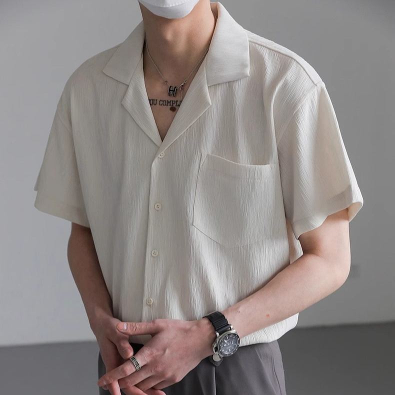 肌理設計古巴領冰絲潮流寬鬆薄款短袖襯衫