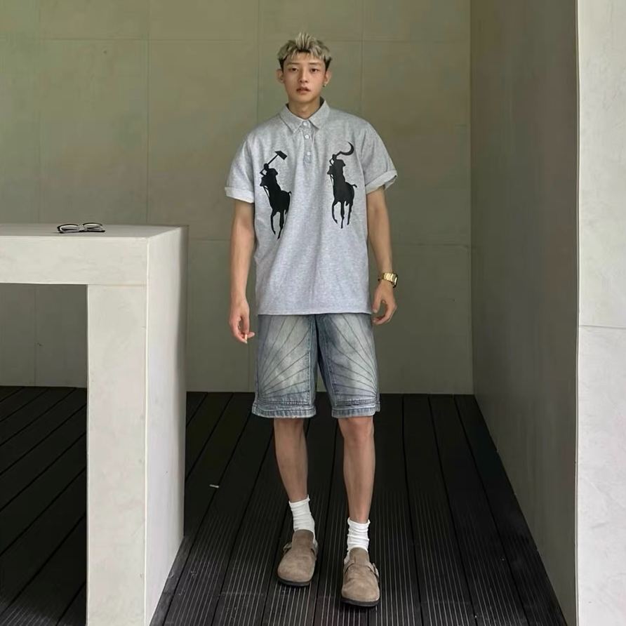 水洗設計感直筒做舊寬鬆五分牛仔短褲