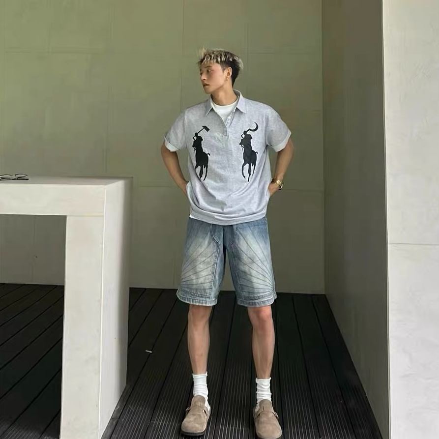 水洗設計感直筒做舊寬鬆五分牛仔短褲