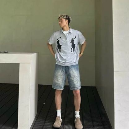 水洗設計感直筒做舊寬鬆五分牛仔短褲