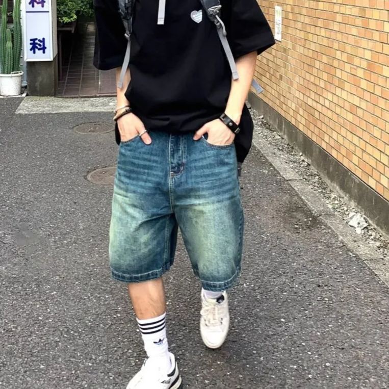 美式牛仔做舊街頭寬鬆百搭直筒休閒五分短褲