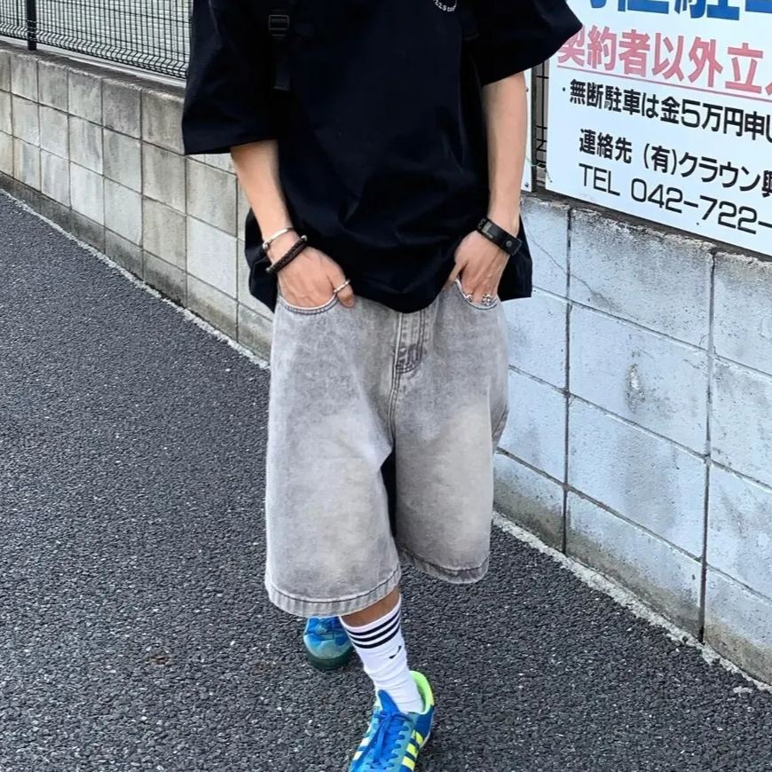 美式牛仔做舊街頭寬鬆百搭直筒休閒五分短褲