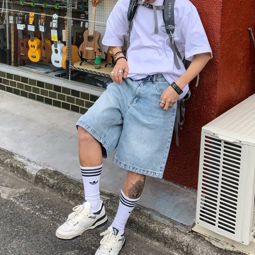 美式牛仔做舊街頭寬鬆百搭直筒休閒五分短褲