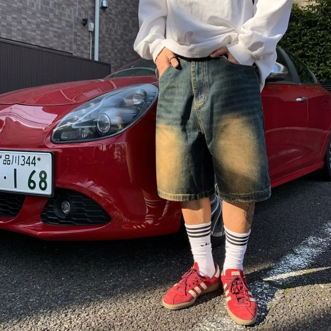 美式牛仔做舊街頭寬鬆百搭直筒休閒五分短褲