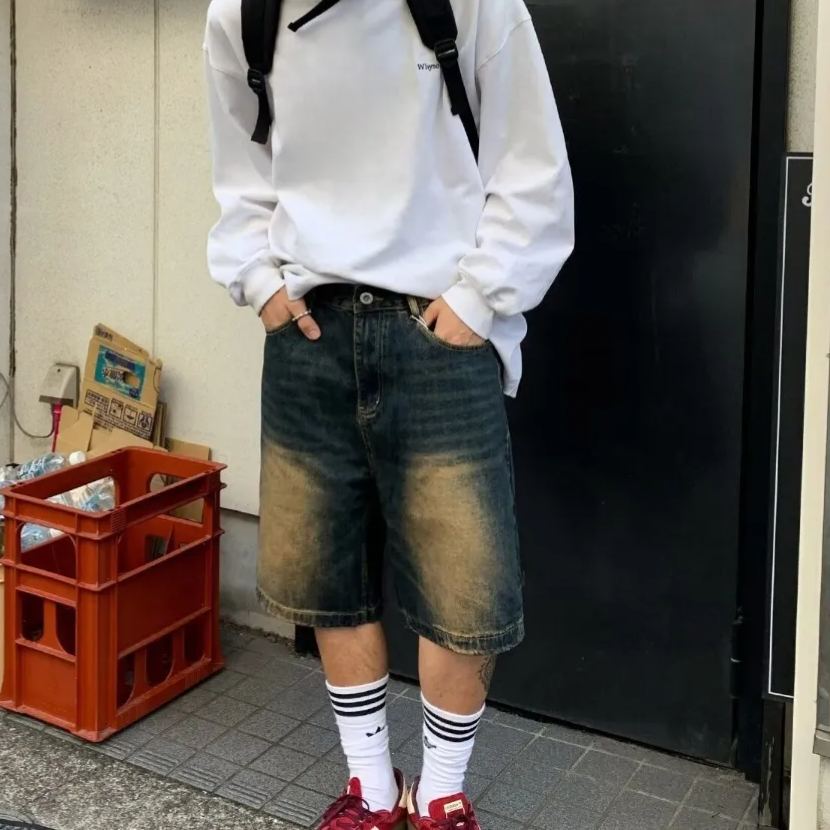 美式牛仔做舊街頭寬鬆百搭直筒休閒五分短褲