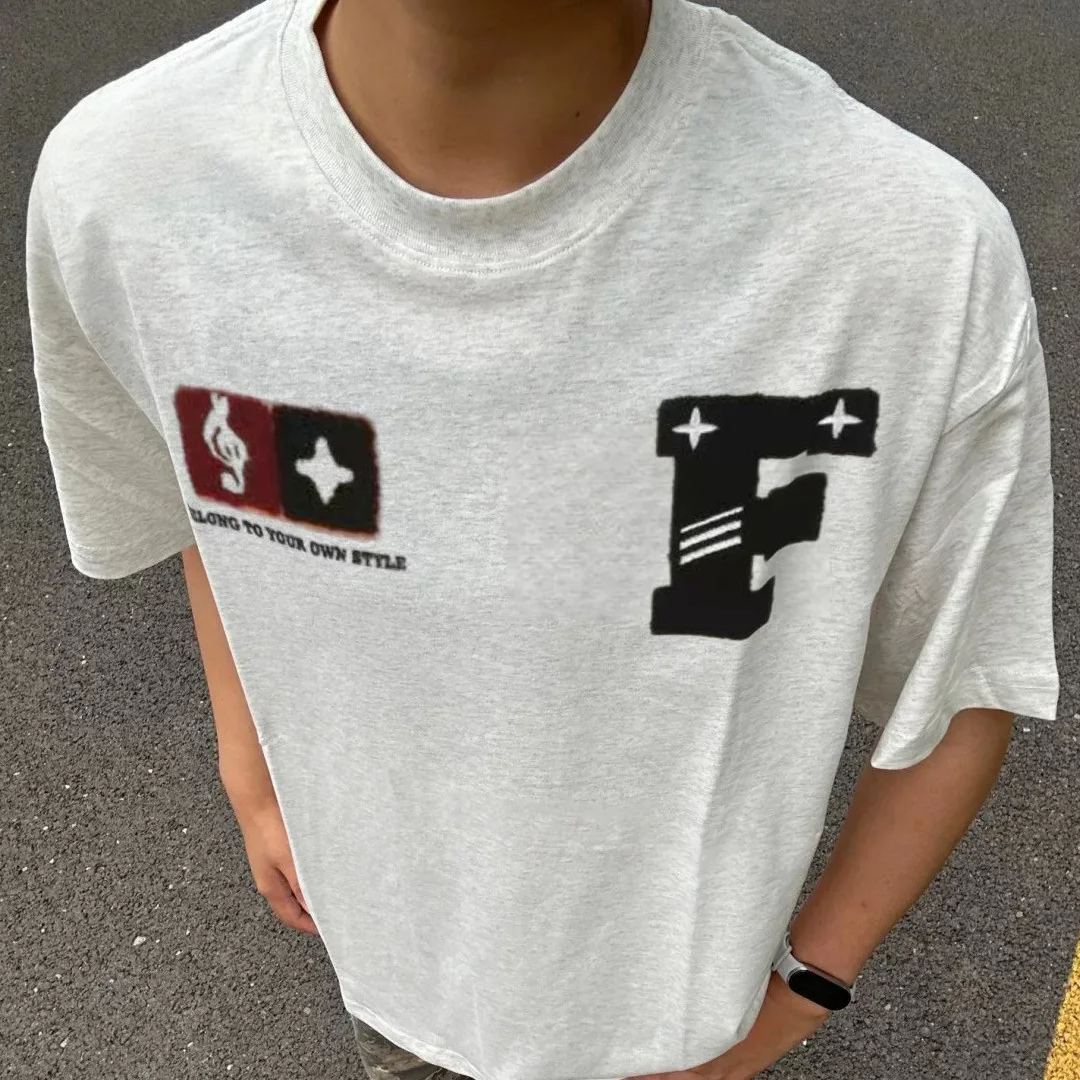 美式高街毛巾繡刺繡寬鬆圓領重磅情侶款短袖T恤