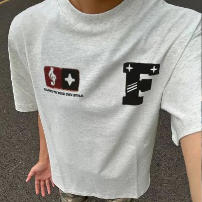 美式高街毛巾繡刺繡寬鬆圓領重磅情侶款短袖T恤