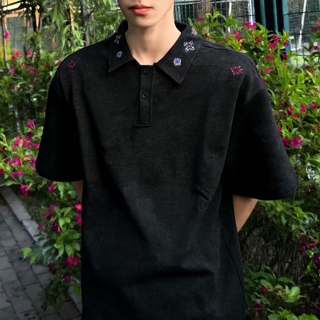 美式扎染刺繡polo領痞帥正肩短袖t恤