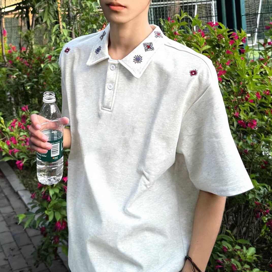 美式扎染刺繡polo領痞帥正肩短袖t恤