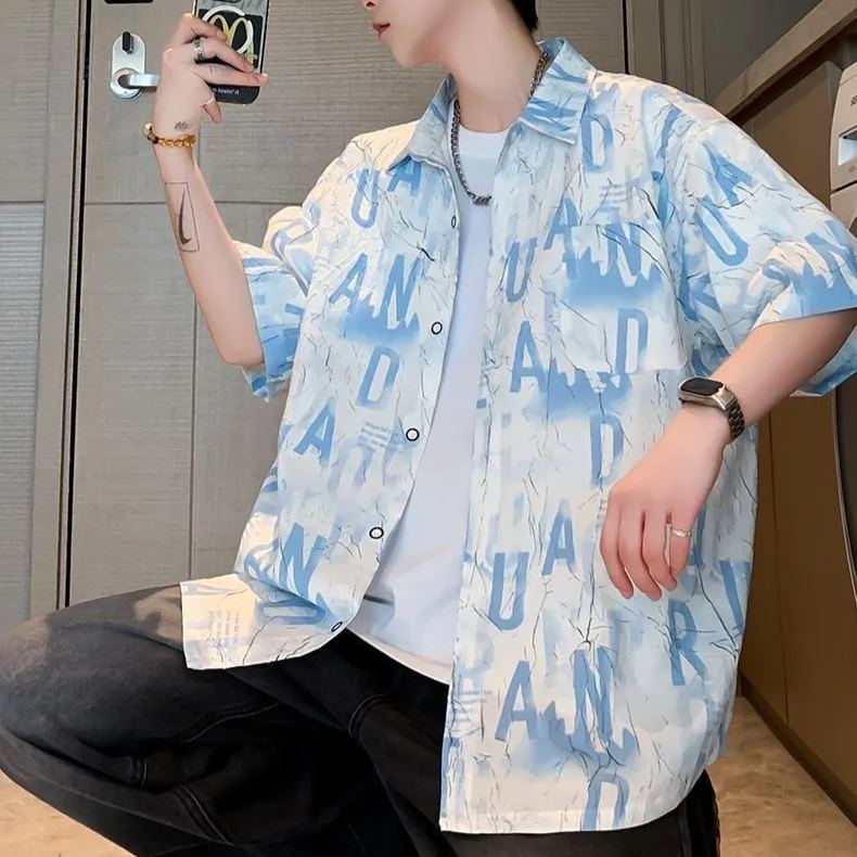 薄款涼感沙灘印花帥氣百搭短袖襯衫
