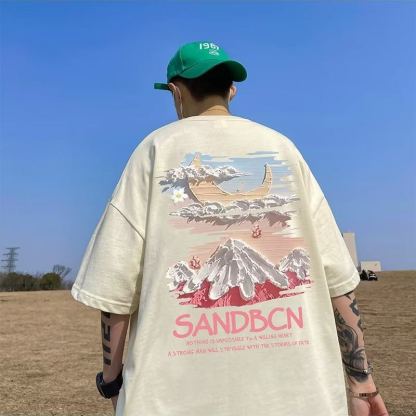 美式潮流寬鬆重磅棉質大碼印花短袖t恤