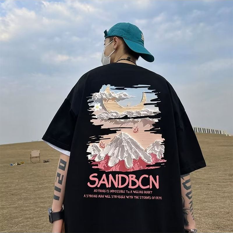 美式潮流寬鬆重磅棉質大碼印花短袖t恤