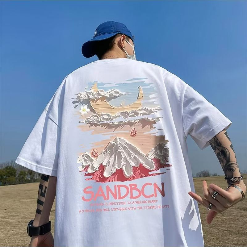 美式潮流寬鬆重磅棉質大碼印花短袖t恤