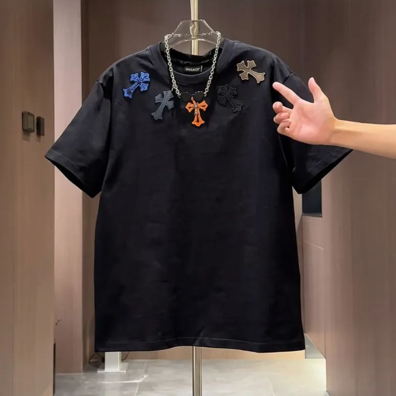 @痞帥十字架刺繡時尚潮流高質量百搭短袖