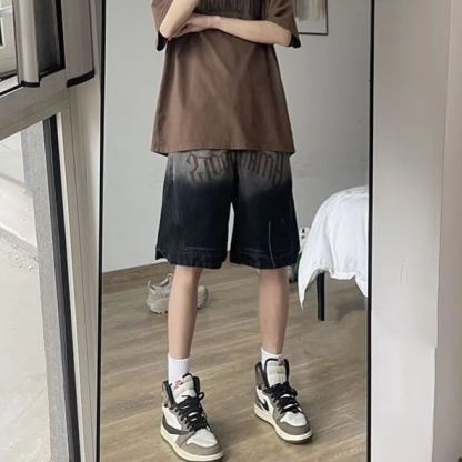 牛仔印花美式復古水洗做舊五分短褲