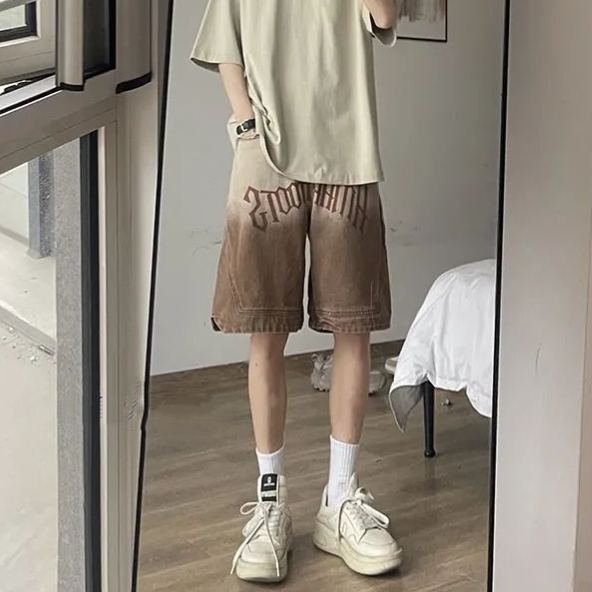 牛仔印花美式復古水洗做舊五分短褲