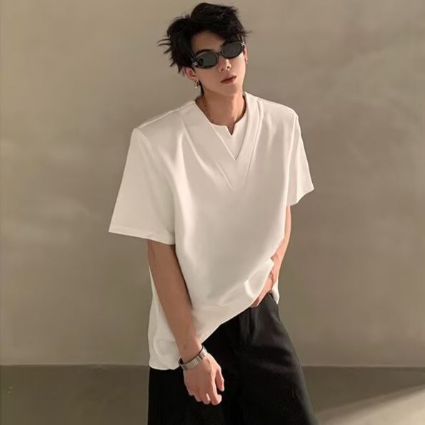 美式高街V領休閒素色正肩短袖T恤