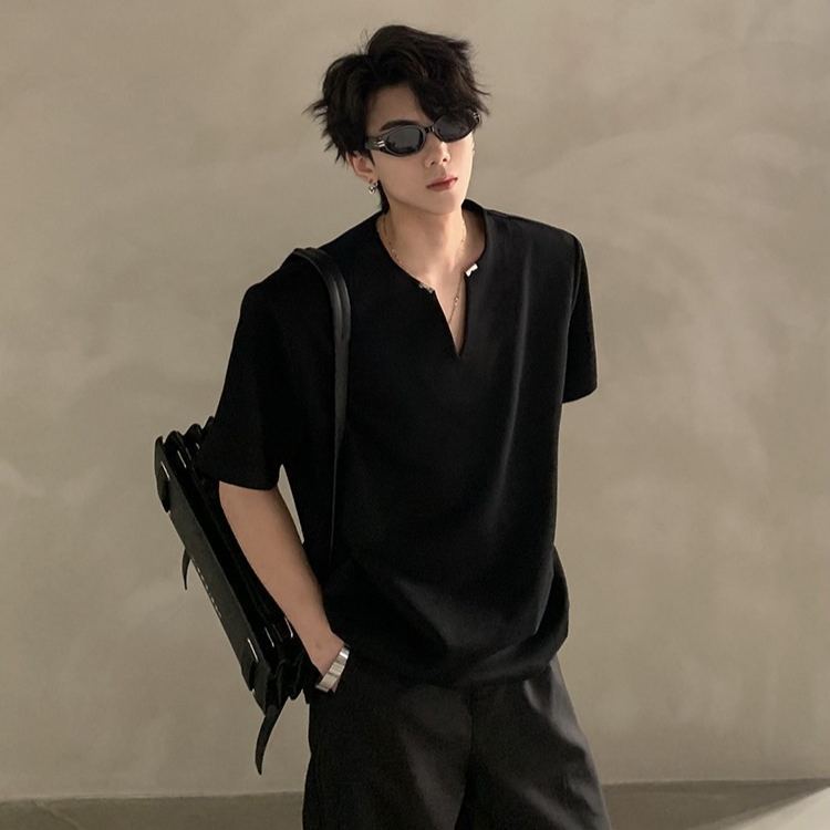 美式高街V領休閒素色正肩短袖T恤