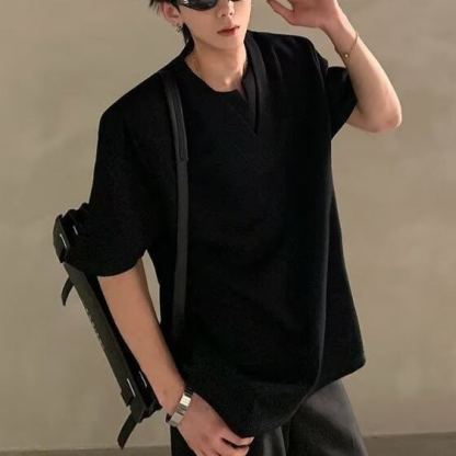 美式高街V領休閒素色正肩短袖T恤