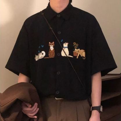 復古貓咪刺繡卡通文藝休閒短袖襯衫