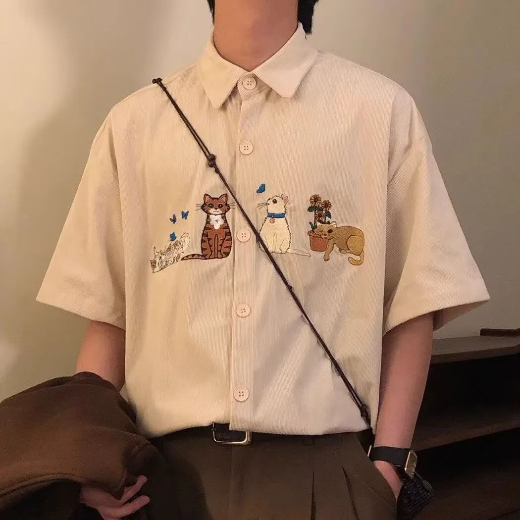 復古貓咪刺繡卡通文藝休閒短袖襯衫
