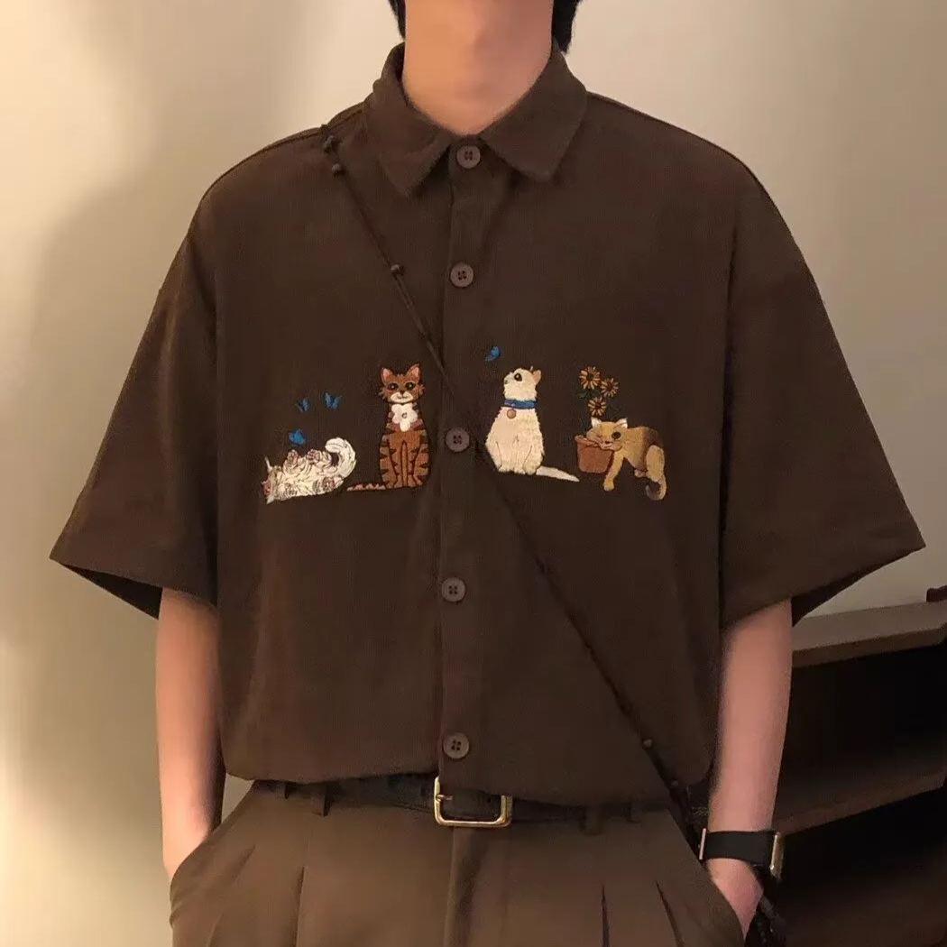 復古貓咪刺繡卡通文藝休閒短袖襯衫